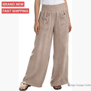 Linen Blend Wide Leg Pants High Waist Elastic Drawstring Casual with Pockets
